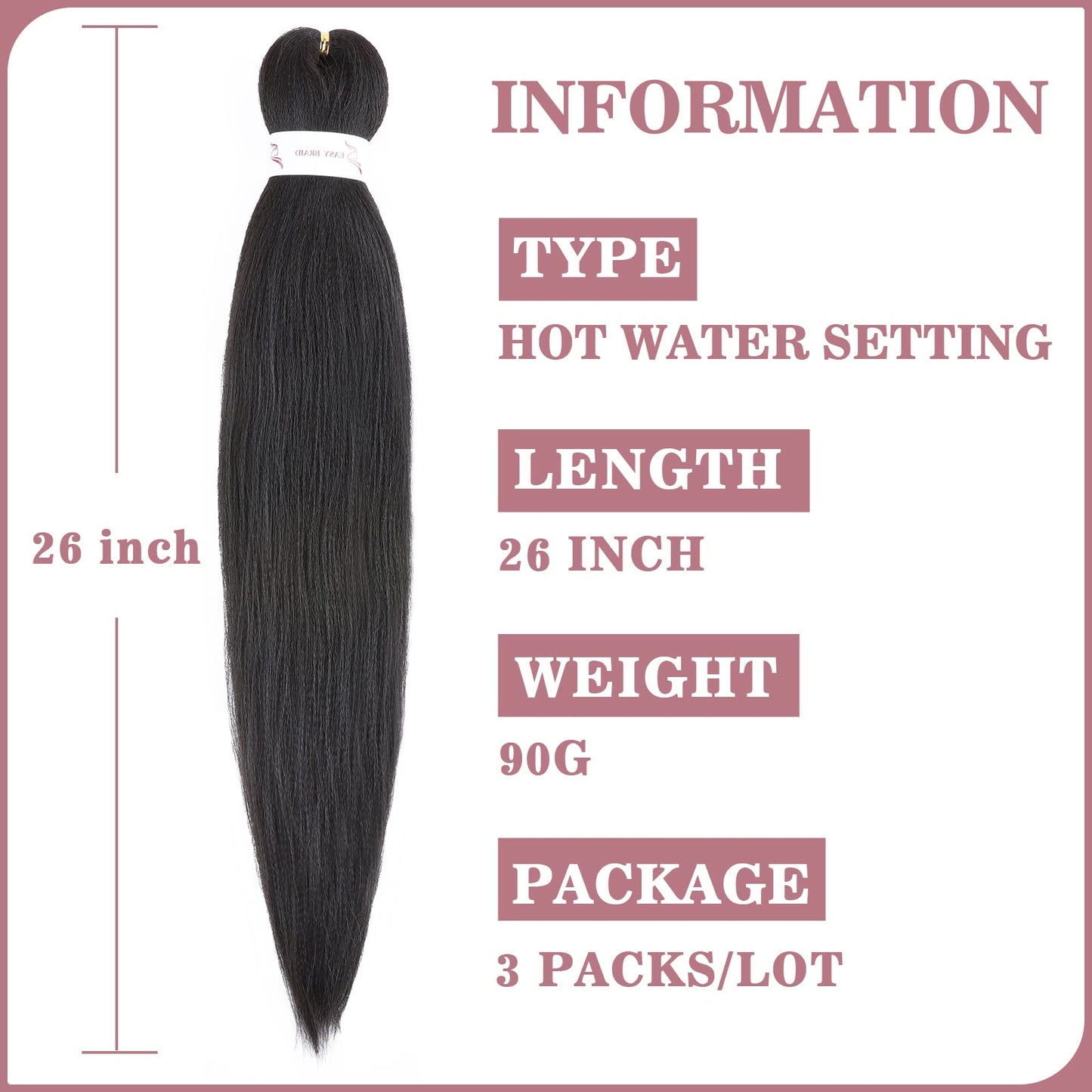 26" Pre Stretched Braiding Hair Professional Hot Water Setting Synthetic Fiber Crochet Braids Braiding Hair Extensions Twist Braid 3 Bundles/Lot Dark Brown 26 Inch (Pack of 3)