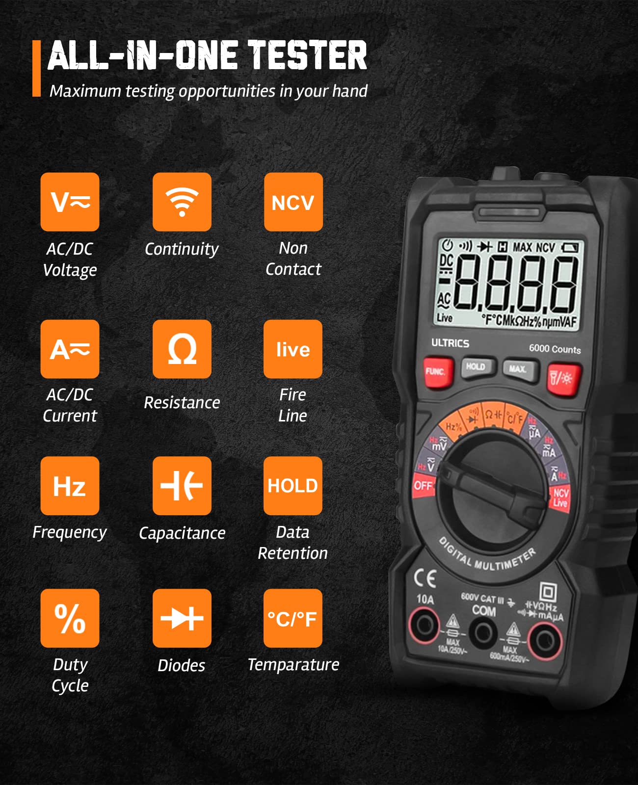 ULTRICS Digital Multimeter, Auto Ranging Multi Tester Voltmeter Ammeter Ohmmeter TRMS 6000 Counts, Test Meter with Leads, Backlit LCD Measures OHM AC/DC Voltage Current Resistance Continuity Diode