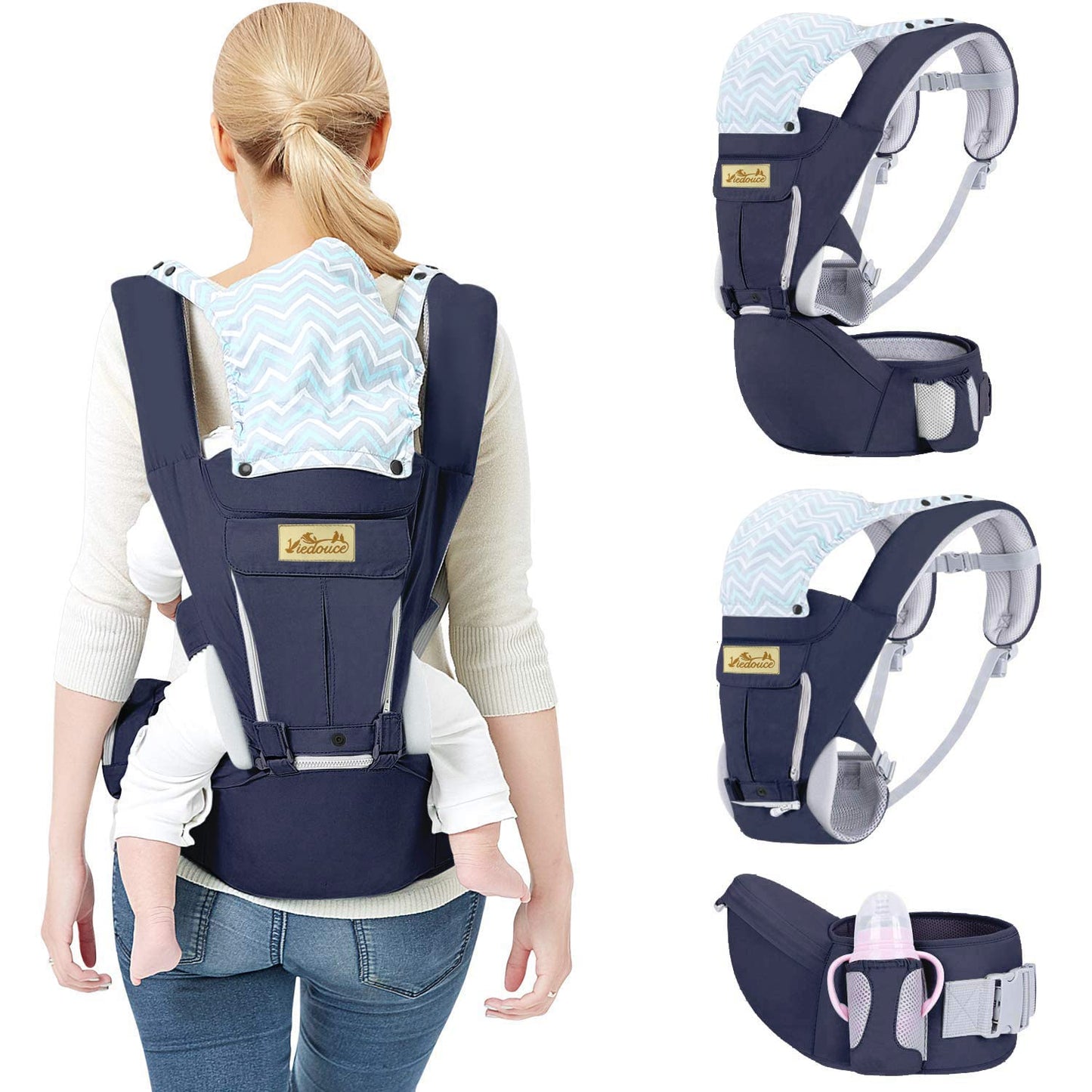 Viedouce Baby Carrier Ergonomic with Hip Seat/Pure Cotton Lightweight and Breathable/Multiposition:Dorsal, Ventral, Adjustable for Newborn and Toddler 3 to 48 Month (3.5 to 20 kg) Dark Blue