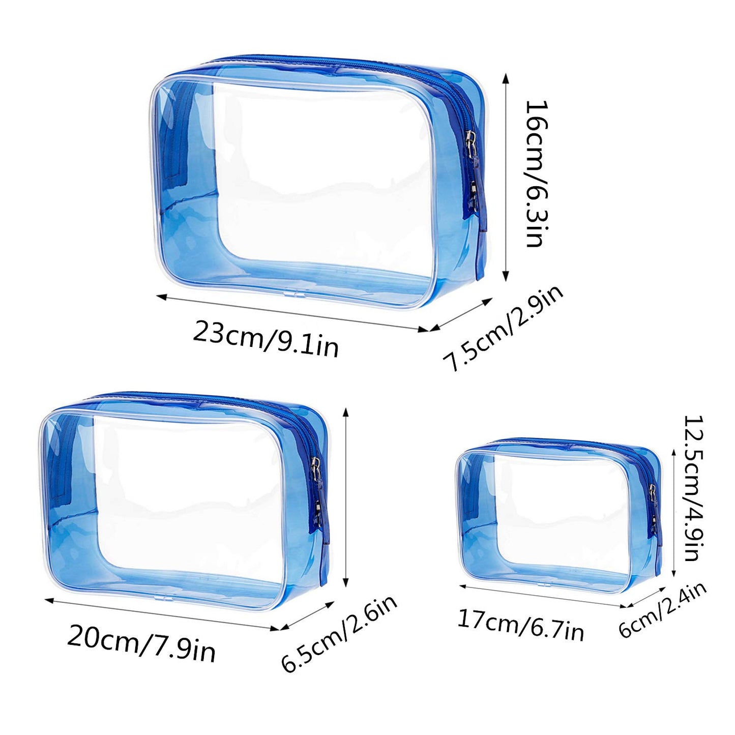 Travel Toiletry Pouch Toiletry Organizer Case Clear Plastic Blue 3 Pieces （Different Sizes）Toiletry Carry Pouch for Women Men Kids Waterproof Shower