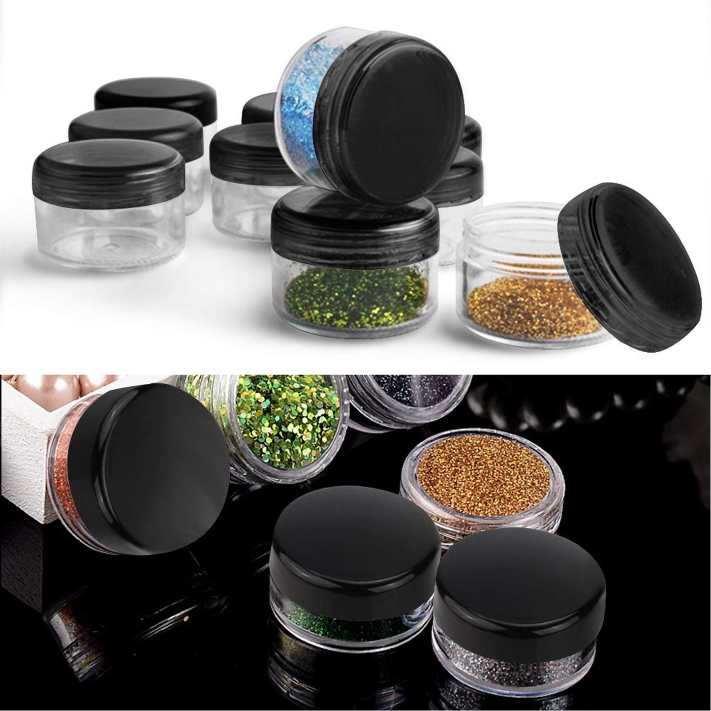 20 Pcs Empty Cosmetics Container Pots Travel Plastic Jars with Black Screw Lids for Cream, Sample, Powder, Makeup Storage (5, 10, 15, 20 Gram), Includes 3 Pack Mini Spatula by Yalbdopo