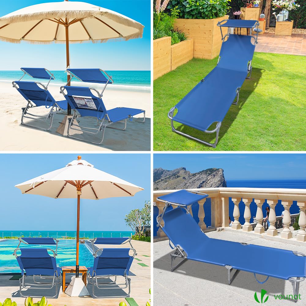 VOUNOT Folding Sun Loungers Set of 2, Sunbed with Adjustable Backrest & Sunshade for Garden, Beach, Patio, Pool, Camp, Load 110 kg, Blue