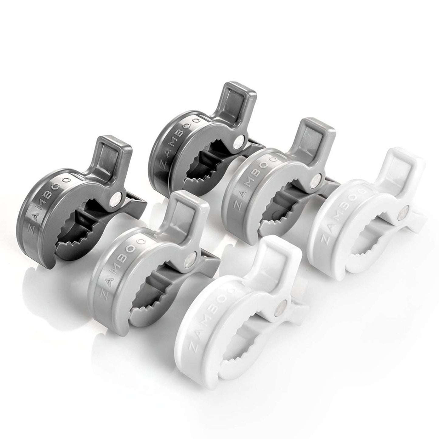 Zamboo Universal Stroller Pegs 6-Pack - Buggy Clips for Muslins, Toys or Car Seat Cover - Easy to Attach to Pushchair/Pram or Infant Car Seat - Multifunctional Baby Pram Accessory - Grey/White