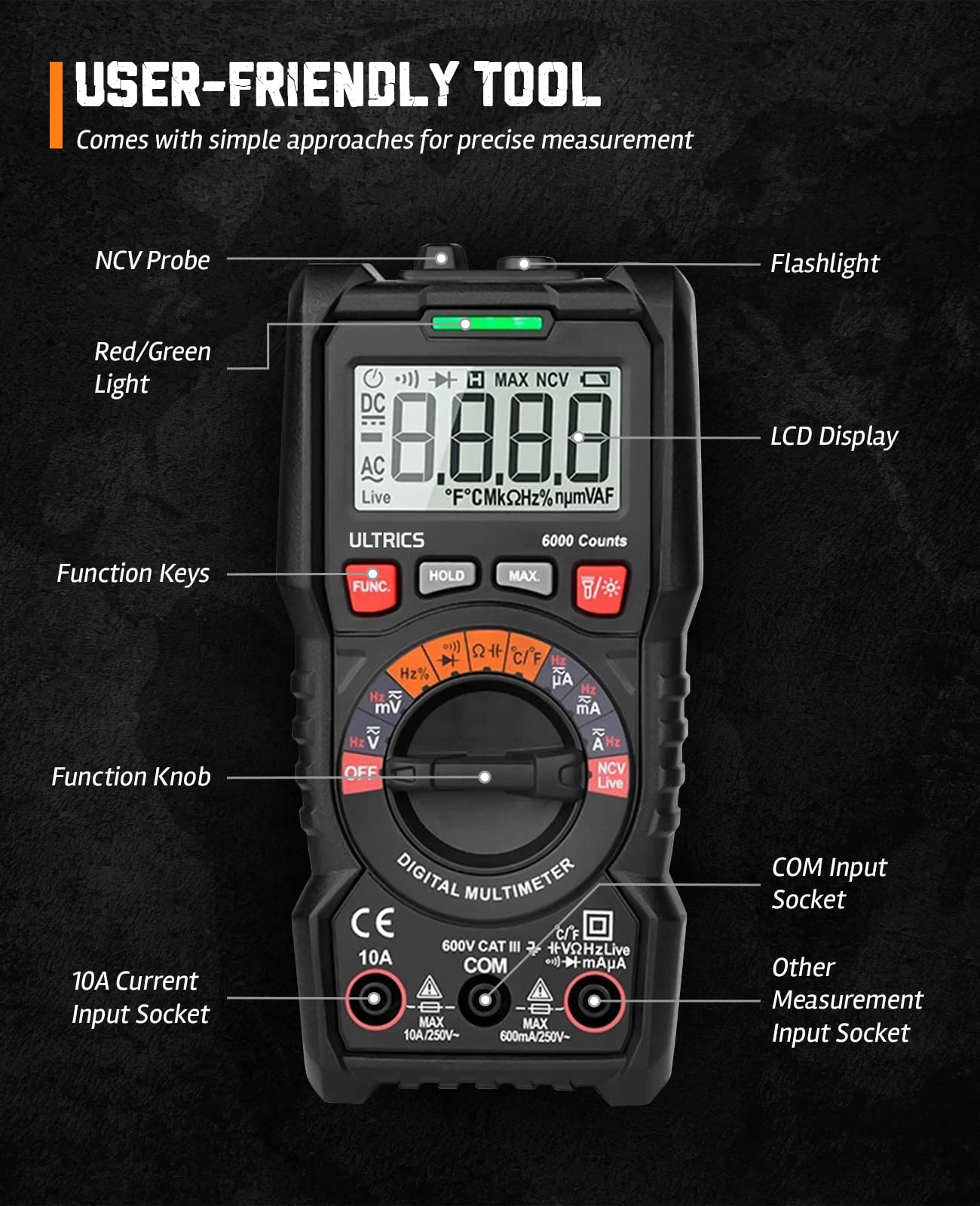 ULTRICS Digital Multimeter, Auto Ranging Multi Tester Voltmeter Ammeter Ohmmeter TRMS 6000 Counts, Test Meter with Leads, Backlit LCD Measures OHM AC/DC Voltage Current Resistance Continuity Diode