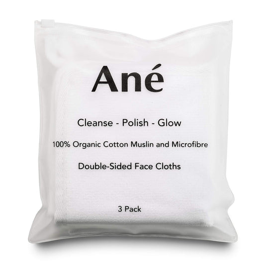 Ané 3 Double Sided Organic Cotton Muslin and Microfibre Cleansing and Exfoliating Flannel Face Cloth for Cleansing, Makeup Remover and Gentle Face Exfoliation