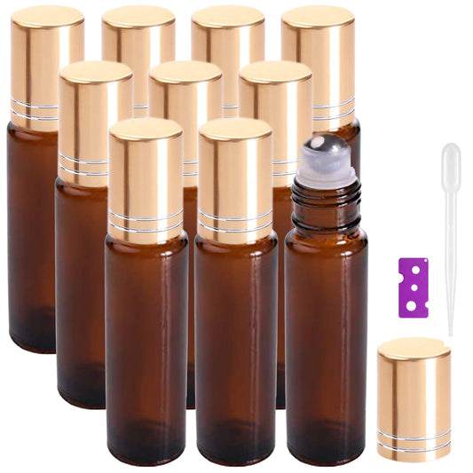 Yalbdopo Essential Oil Roller Bottles - 10 Pcs, 10ml Refillable Amber Glass Roll on Bottles with Gold Lids, 12 Pcs Labels, Dropper & Opener Included - Perfect for Fragrance, Lotion, Aromatherapy