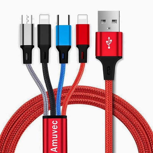 Amuvec Multi Charger Cable, 4 in 1 3A USB Fast Charging Cord Nylon Braided with 2iP Type C Micro USB Connector, for Phone, Samsung Galaxy S22 S20 S10 S9 Plus, Huawei, Sony, Moto, Xiaomi, LG, PS5-1.2M