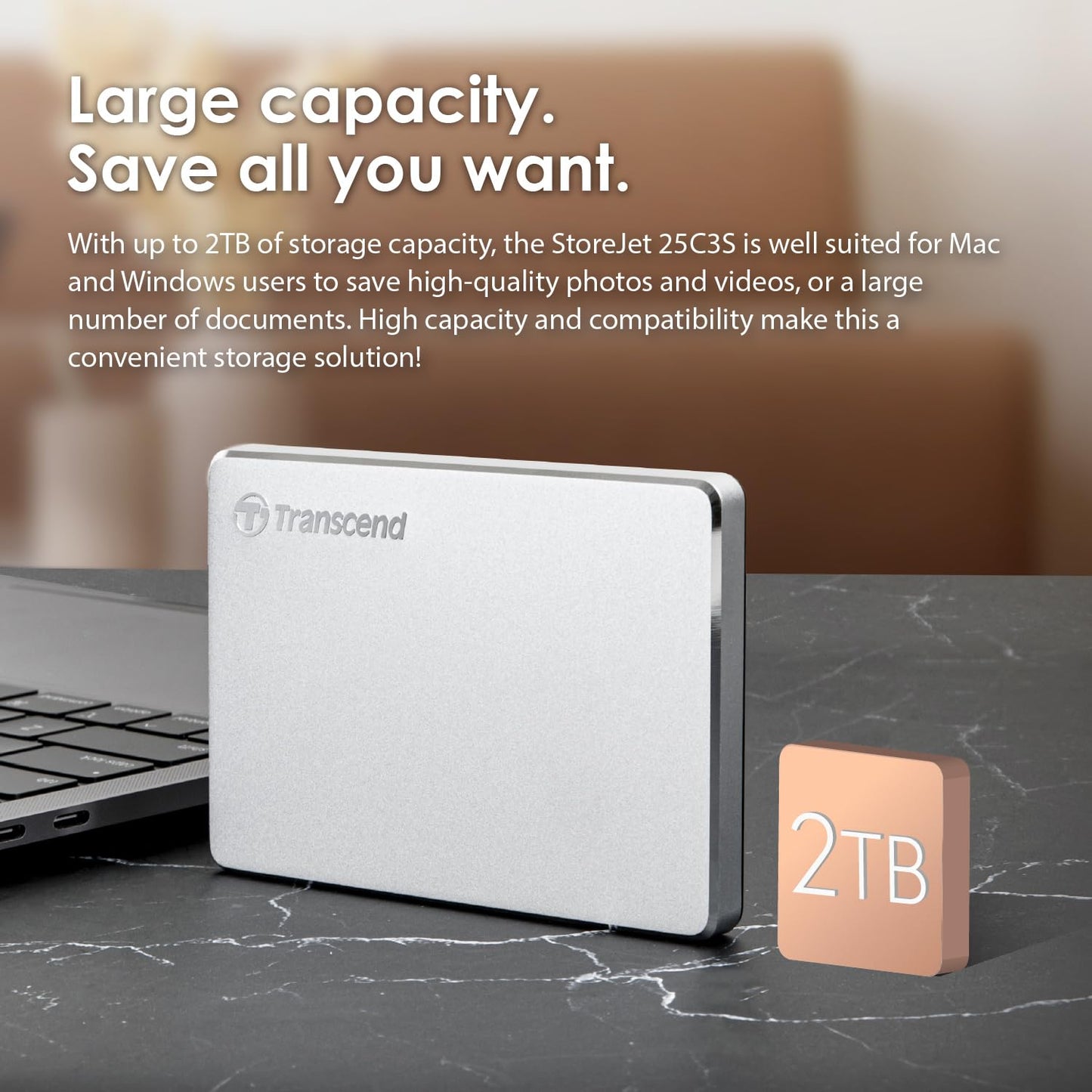 Transcend 2 TB USB Type-C, 3.1 Gen 1 Portable Hard Drive - StoreJet TS2TSJ25C3S Silver