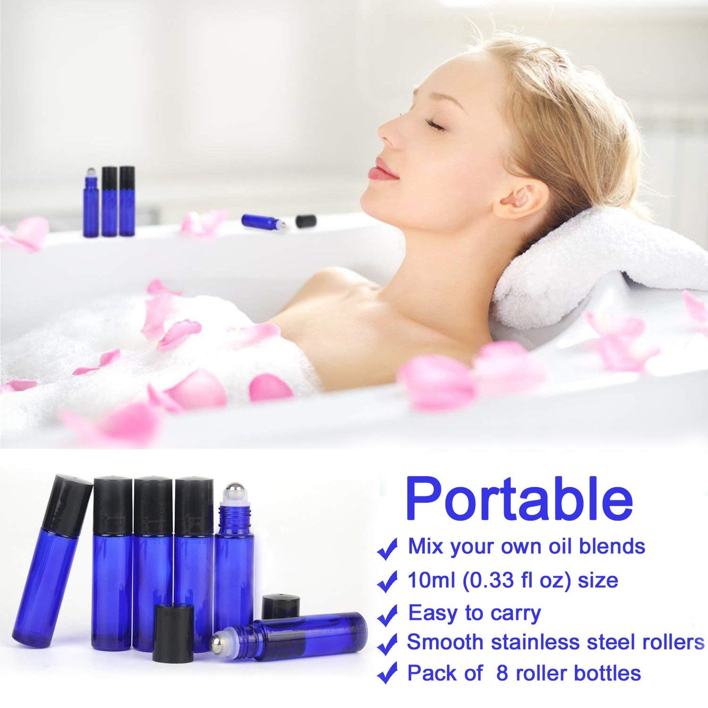 Alledomain 8Pcs 10ml Essential Oils Roller Bottles, Refillable Cobalt Blue Glass Roll on Bottles with Stainless Steel Balls, Include 12 Labels, 1 Dropper & Opener, Perfect for Aromatherapy