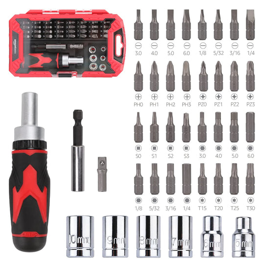 Amazon Basics 41-Piece Magnetic Ratchet Screwdriver Set, Black, Red, Silver