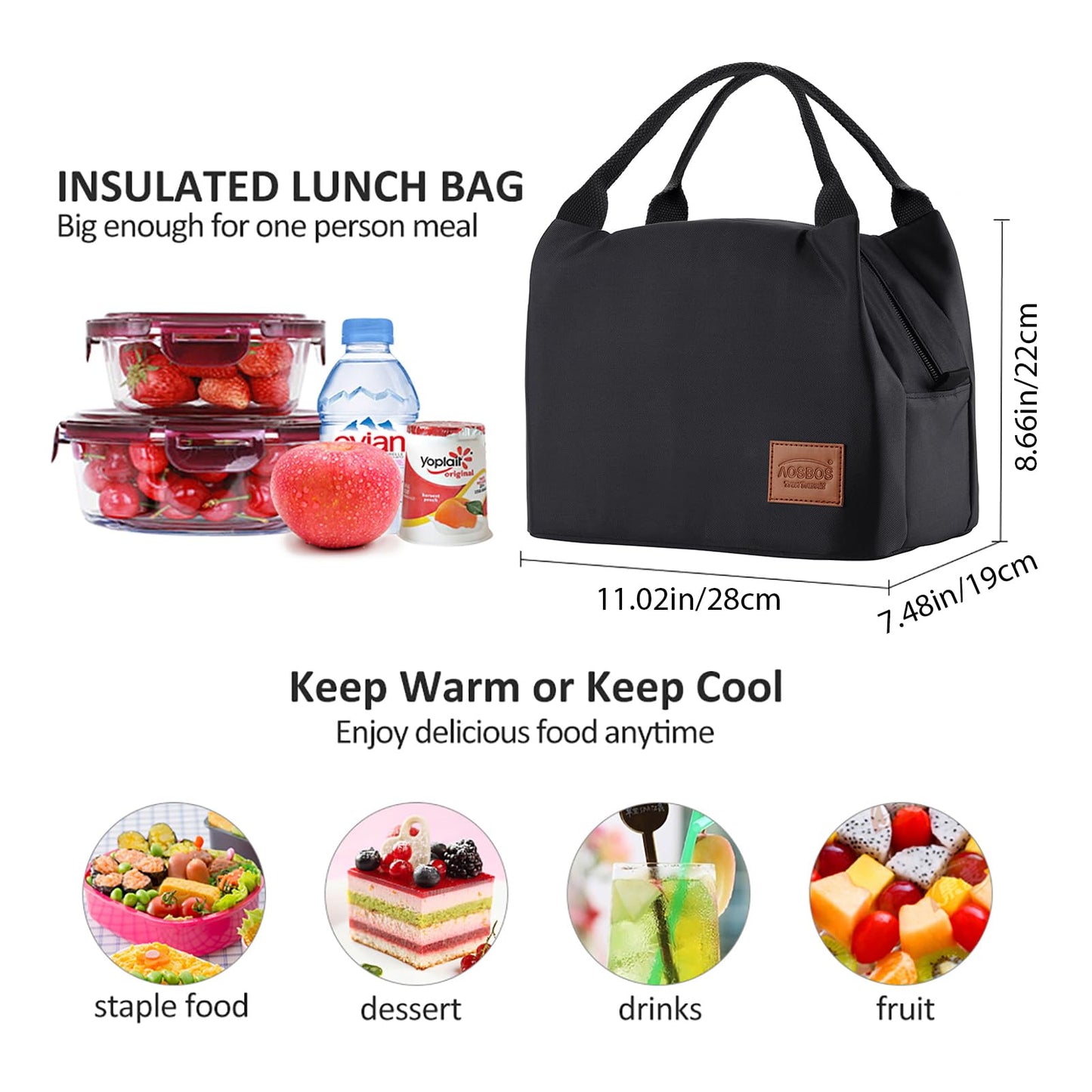 Aosbos Lunch Bag Insulated Lunch Bags for Women Water-Resistant Thermal Lunch Tote Bag Small Cool Bag Lunch Box for Men Ladies Girls Kids Adults Work Office School Picnic Outdoor (8.5L, Black) A-black