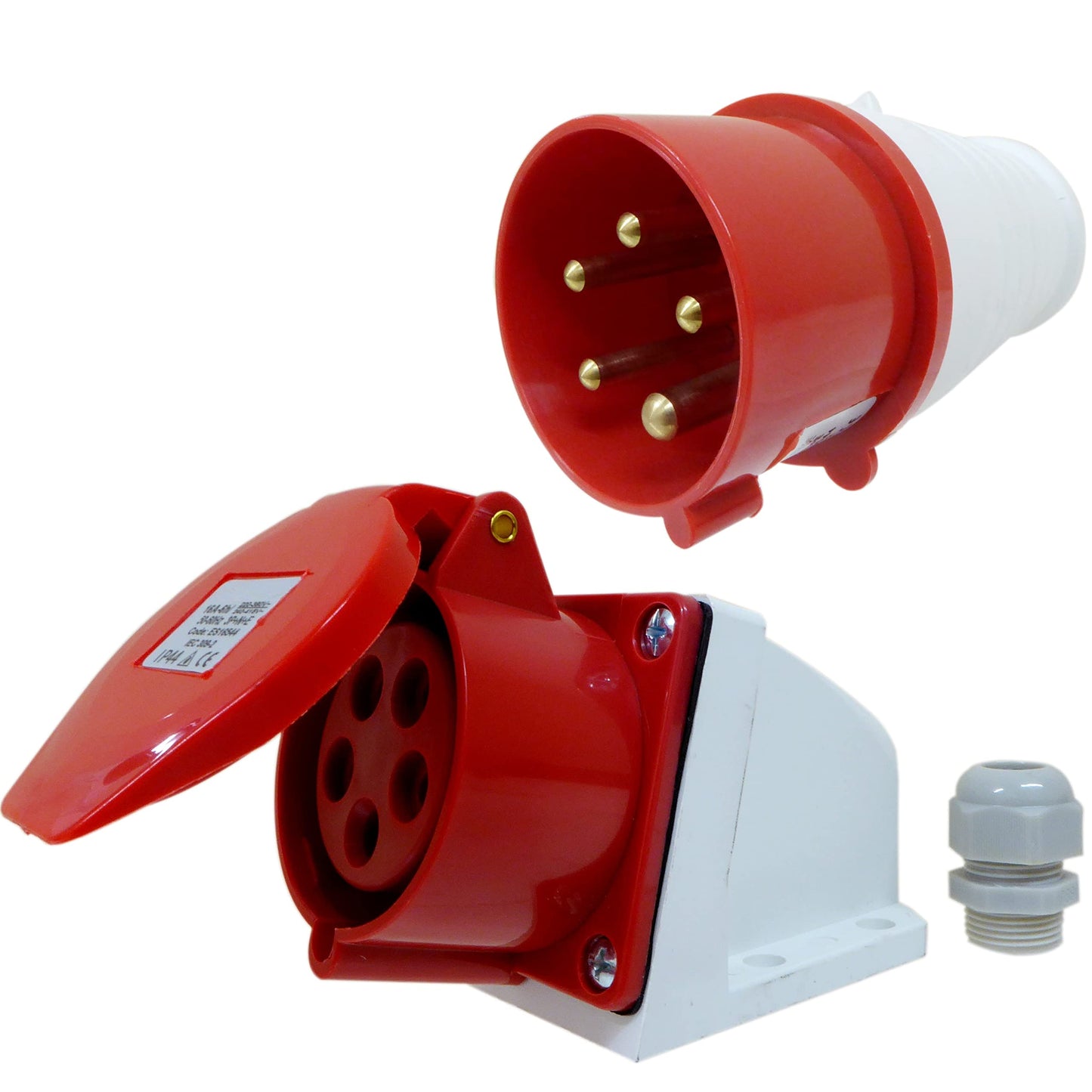 16A Plug and Wall Mount Socket 5 Pin 3 Phase 380-415v Indoor/Outdoor IP44 16 Amp 3P+N+E Red for Power Tools Machinery