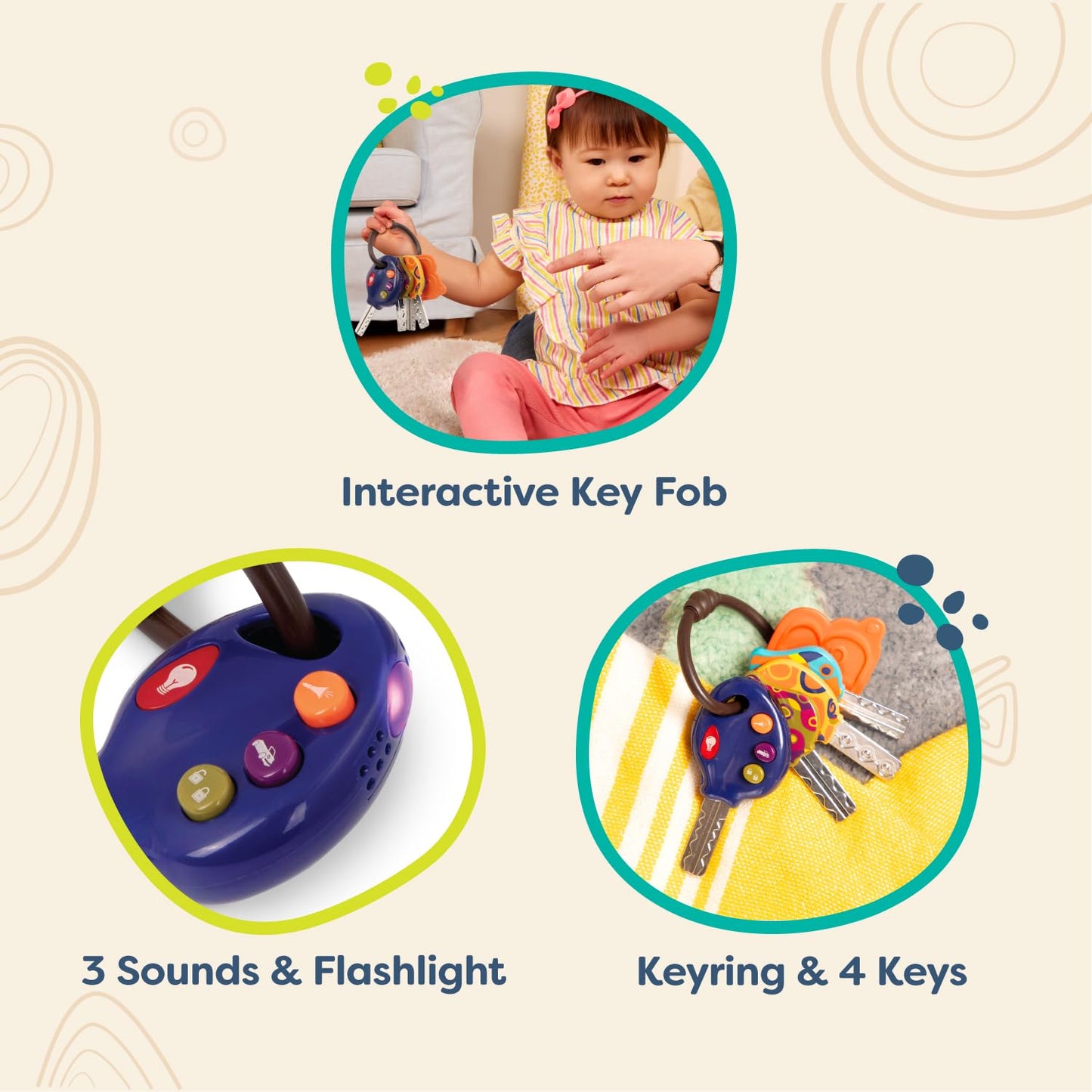 B. toys – 4 Textured Toy Car Keys for Babies & Toddlers – LucKeys – Blue – Flashlight & 3 Car Sounds – Non-Toxic – Interactive Baby Teething Toys – 10 months + Blue LucKeys Single