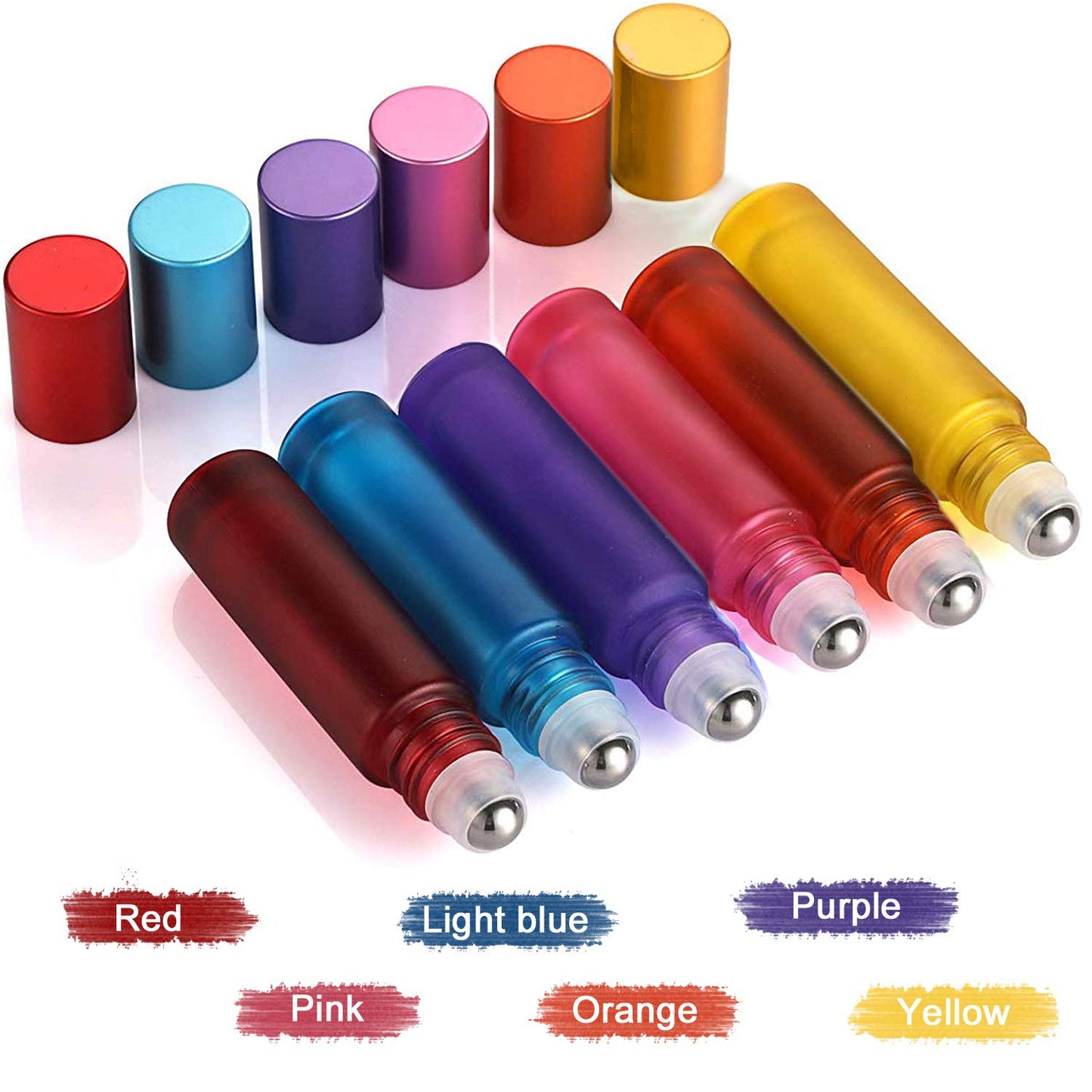 Alledomain 6Pcs, 10ml Essential Oils Roller Bottles, Refillable Empty Colorful Frosted Glass Roll on Bottles with Stainless Steel Ball, Include 1 Dropper & Opener, Perfect for Aromatherapy