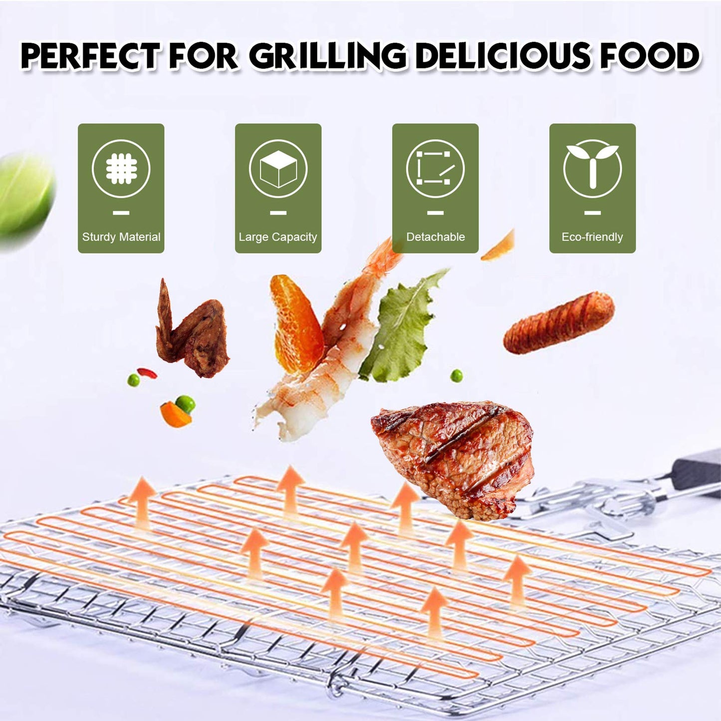 ACMETOP Portable BBQ Grill Basket, Stainless Steel Fish Grill Basket with Removable Handle, Perfect for Grilling Vegetables, Fishes, Shrimp - Bonus a Grill Mat, Sauce Bottle Brush and Carrying Pouch