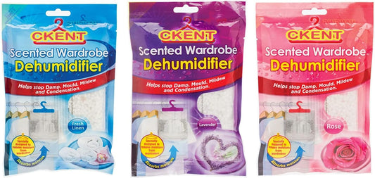 2 X Set of 3 Scented Hanging Wardrobe Dehumidifiers Damp Mould Condensation Control (Rose,Lavender,Fresh Linen)