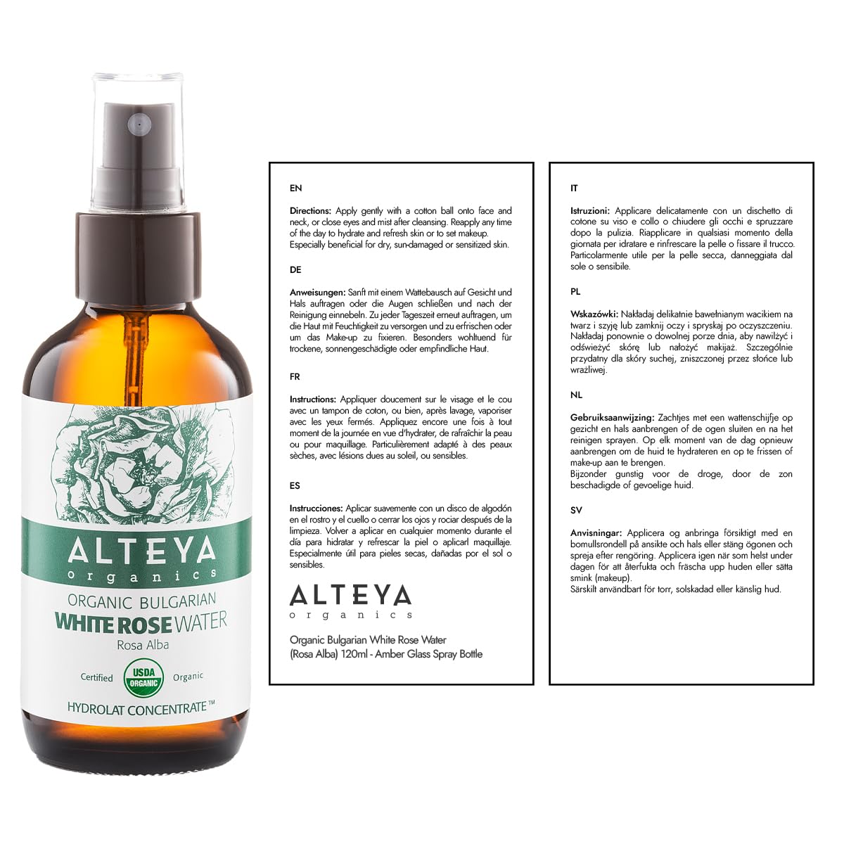 Alteya Organic White Rose Water Spray 120ml Glass - Pure Organic Rosa Alba Hydrolat - USDA Certified Organic - Sensitive Skin - Face Toner, Revitalizing Body, Condition Hair & Scalp 120 ml (Pack of 1)