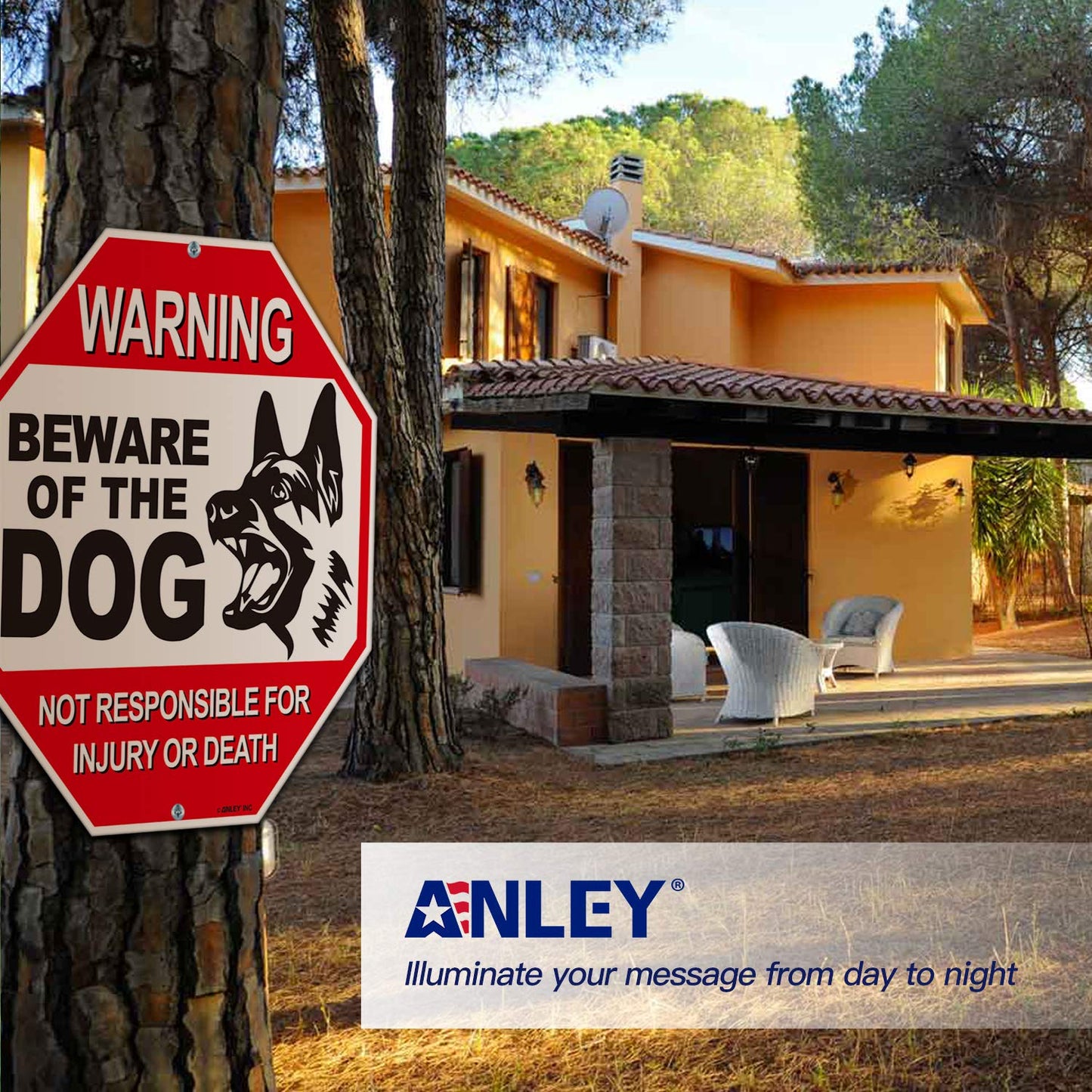 Anley Beware of The Dog Aluminum Warning Sign, No Responsible For Injury Or Death Warning Dog Sign - UV Protected and Weatherproof - 12" x 12" Beware Of The Dog Warning Sign