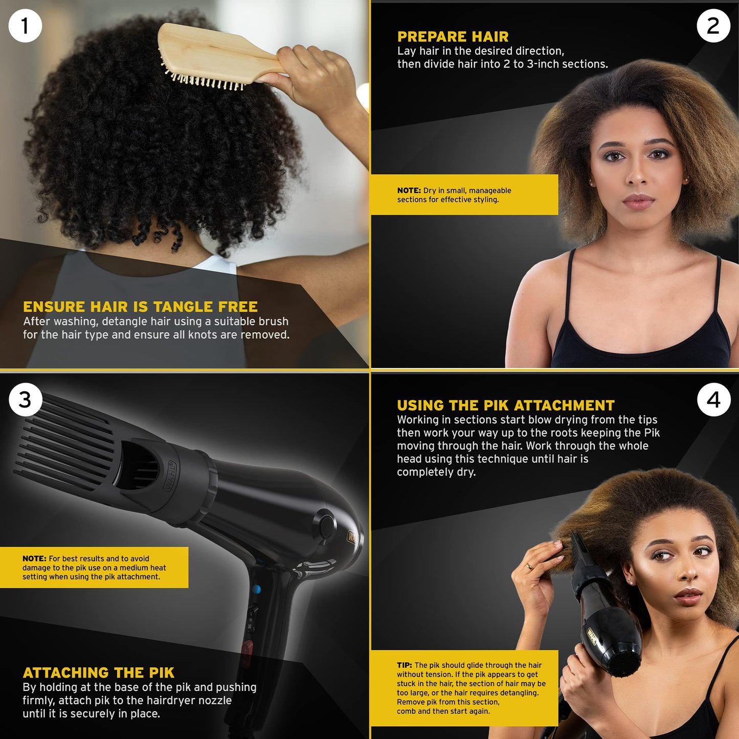 Wahl Hairdryer, PowerPik 2, Dryer for Women, Hair Dryer with Pik Attachment, Afro Hairdryer, Afro-Caribbean Hair, Three Heat Settings, Anti-frizz Drying, Black