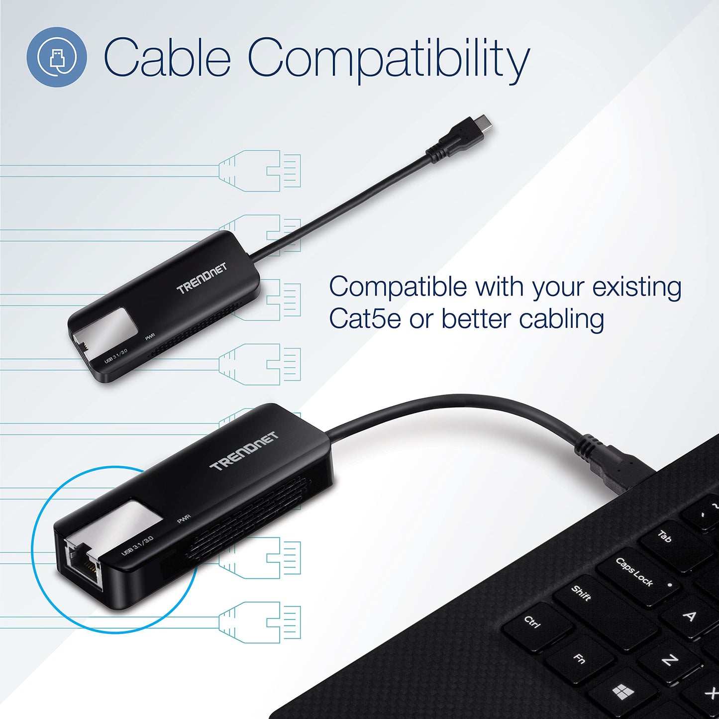 TRENDnet USB-C 3.1 to 5GBASE-T Ethernet Adapter, TUC-ET5G, 2.5GBASE-T RJ-45, Integrated 12.6 cm (4.9 Inch) USB Type C Cable, Compatible with Cat5e or Better Cabling, USB Powered, Windows 10, 8.1, 7