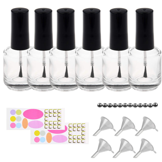 Transparent Clear Empty Nail Polish Bottles - with Dupont Brushes - Set of 6 - Also Includes 6X Plastic Funnels, 12x Mixing Balls and 20x Sticker Labels - for Making Your Own Nail Polish