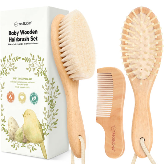 Baby Hair Brush and Baby Comb Set - Wooden Baby Brush with Soft Goat Bristle - Toddler Hair Brush Baby Brush and Comb Set - Baby Brush Set for Newborns - Infant Hair Brush, Cradle Cap (Oval, Walnut) 3 Count (Pack of 1)