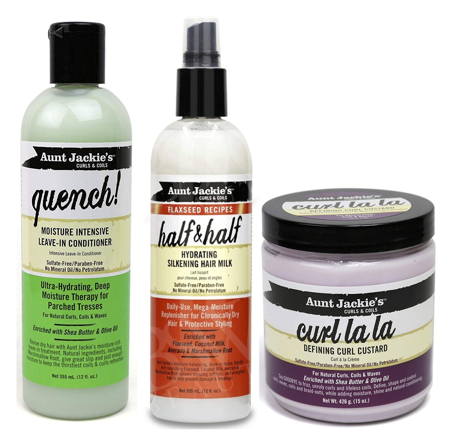 Aunt Jackies Curls & Coils TRIO BUNDLE | Quench Moisture Intensive Leave In Conditioner 355 ml | Curl La la Defining Custard 426g | Half n Half Silkening Milk 355ml 355 ml (Pack of 3)