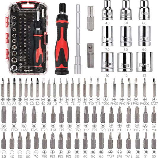 Amazon Basics 73-Piece Magnetic Ratcheting Wrench and Electronics Precision Screwdriver Set, Black, Red, Silver Wrench and Driver