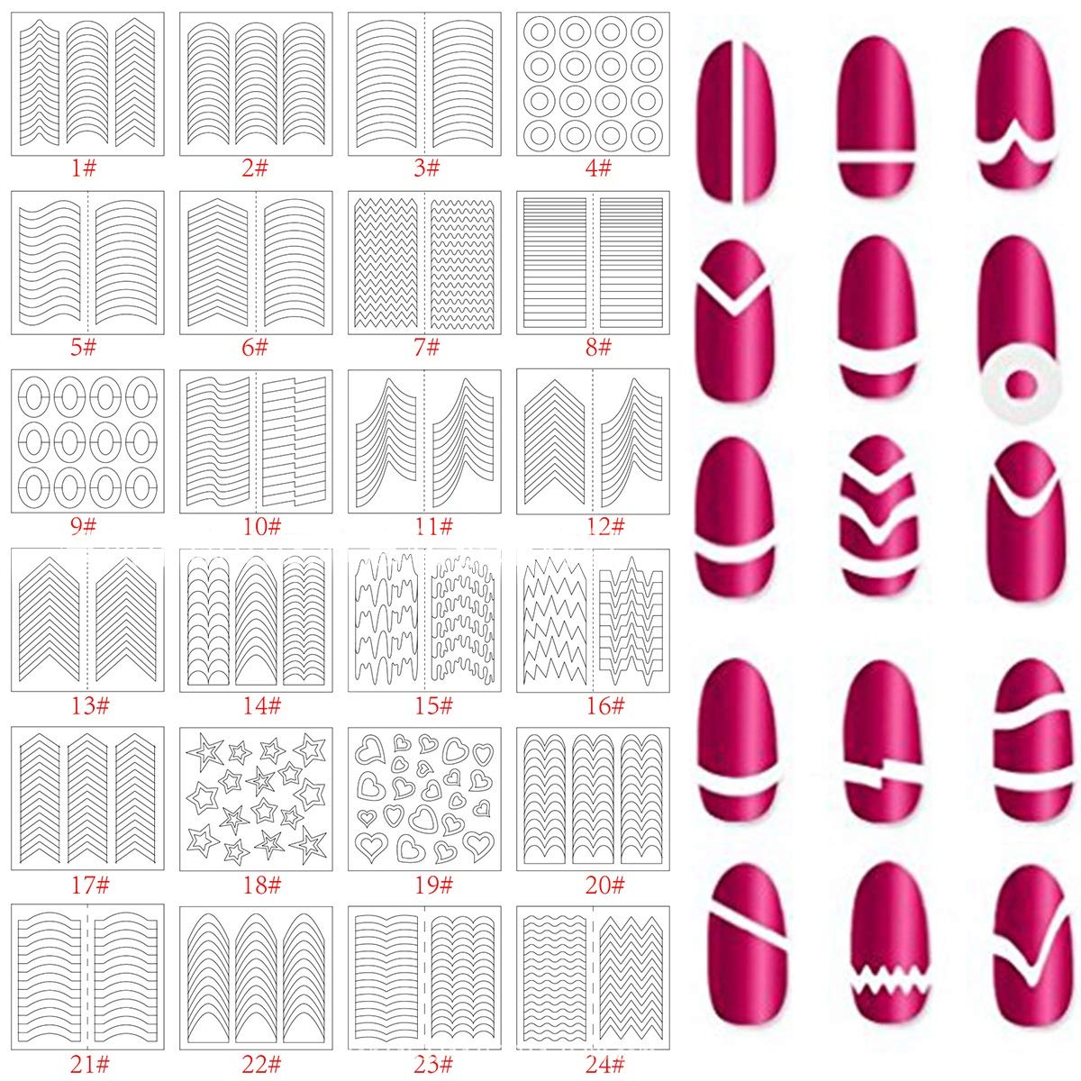 24 Sheet Nail Art Sticker, Manicure Tool Nail Art Stencils French Tip Guides Stickers Form Fringe Guides Vinyl