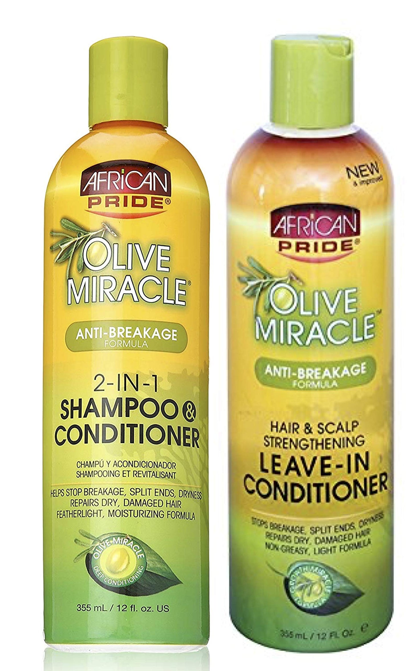 African Pride Olive Miracle Anti-Breakage DUO BUNDLE | 2 in 1 Shampoo and Conditioner 355ml/12oz | Leave-In Conditioner 355ml/12oz