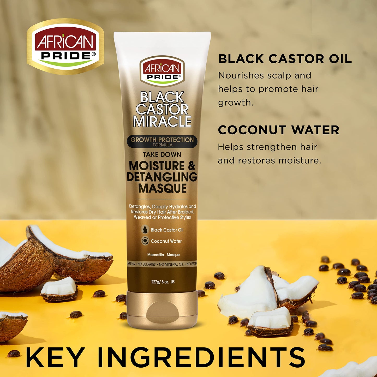 African Pride Black Castor Miracle Take Down Moisture & Detangling Masque - Hydrates, Restores Dry Hair, Contains Black Castor Oil & Coconut Water, Conditions, Removes Build-Up, Prevent Breakage, 8 oz