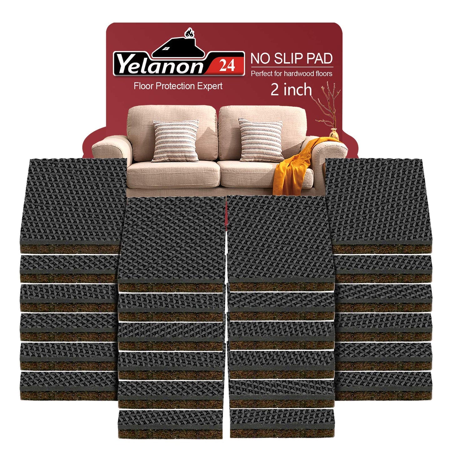 Yelanon Non Slip Furniture Pads 24 pcs 50mm Furniture Grippers, Non Skid for Furniture Legs,Self Adhesive Rubber Furniture Feet,Anti Slide Furniture Hardwood Floors Protectors for Keep Couch Stoppers 24Pcs 2"Square