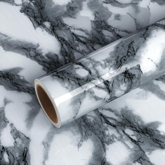 VEELIKE Marble Sticky Back Plastic Roll Vinyl Worktop Covering Marble Effect Wallpaper Waterproof Contact Paper White and Grey Vinyl Film for Table Fireplace Kitchen Countertop TV Unit 40cm x 900cm 6W x 40L cm