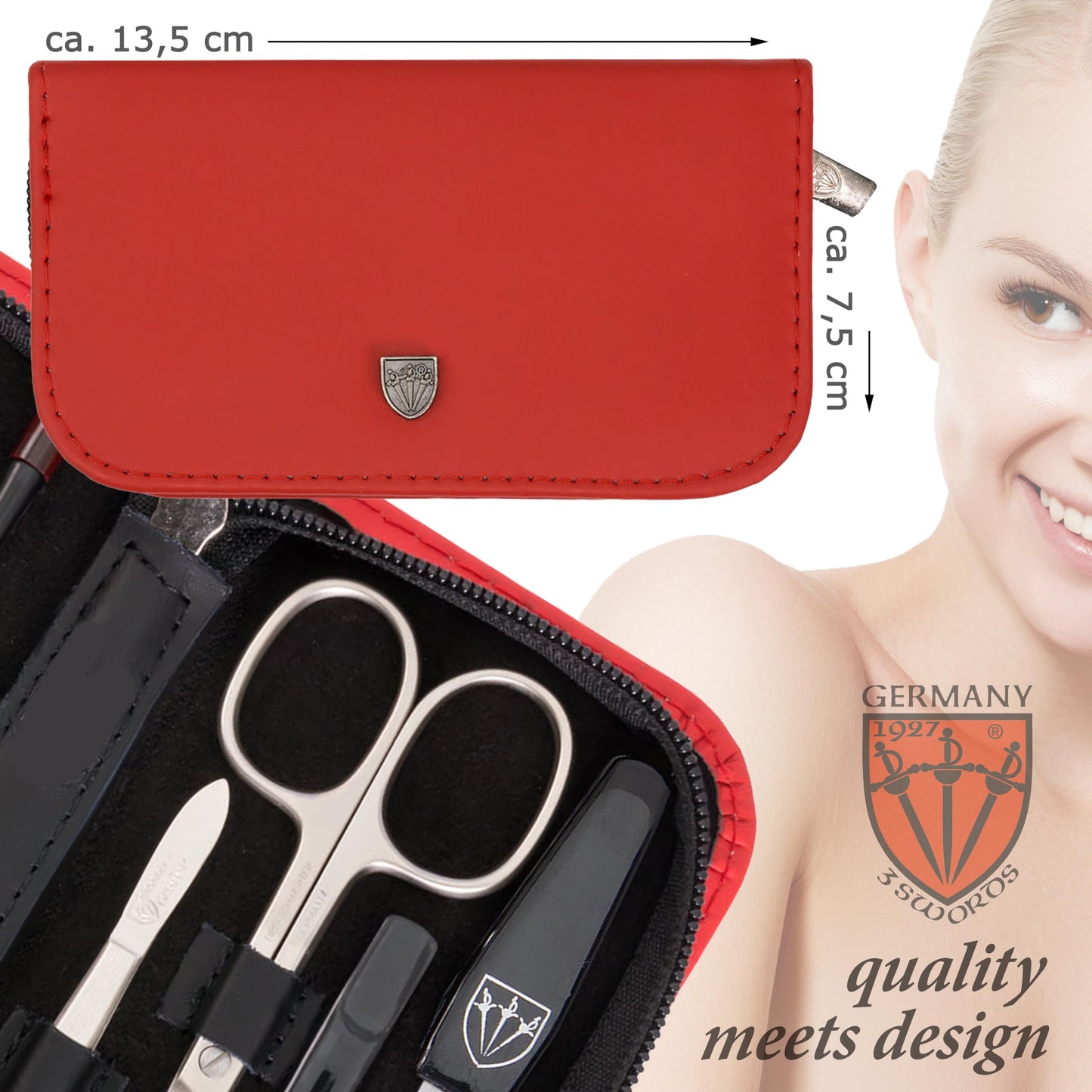 3 Swords Germany - brand quality 8 piece manicure pedicure grooming kit set for professional finger & toe nail care scissors clipper fashion leather case in gift box, Made by 3 Swords (6622) RED - SYNTHETIC LEATHER