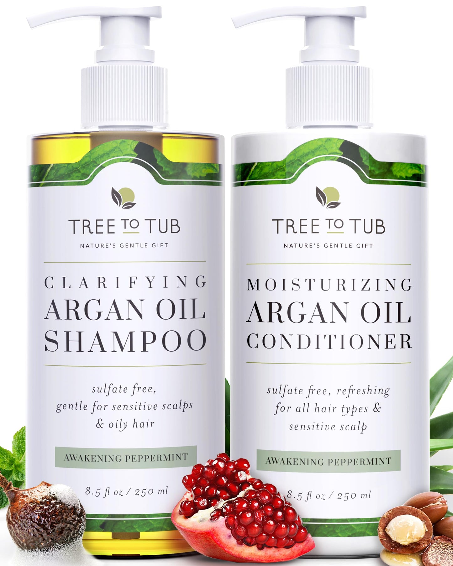 Tree To Tub Sulfate Free Shampoo and Conditioner Set for Oily Hair, Frizz, Sensitive Scalp - Hydrating Argan Oil Shampoo and Conditioner for Women & Men w/Organic Coconut Oil, All Natural Peppermint