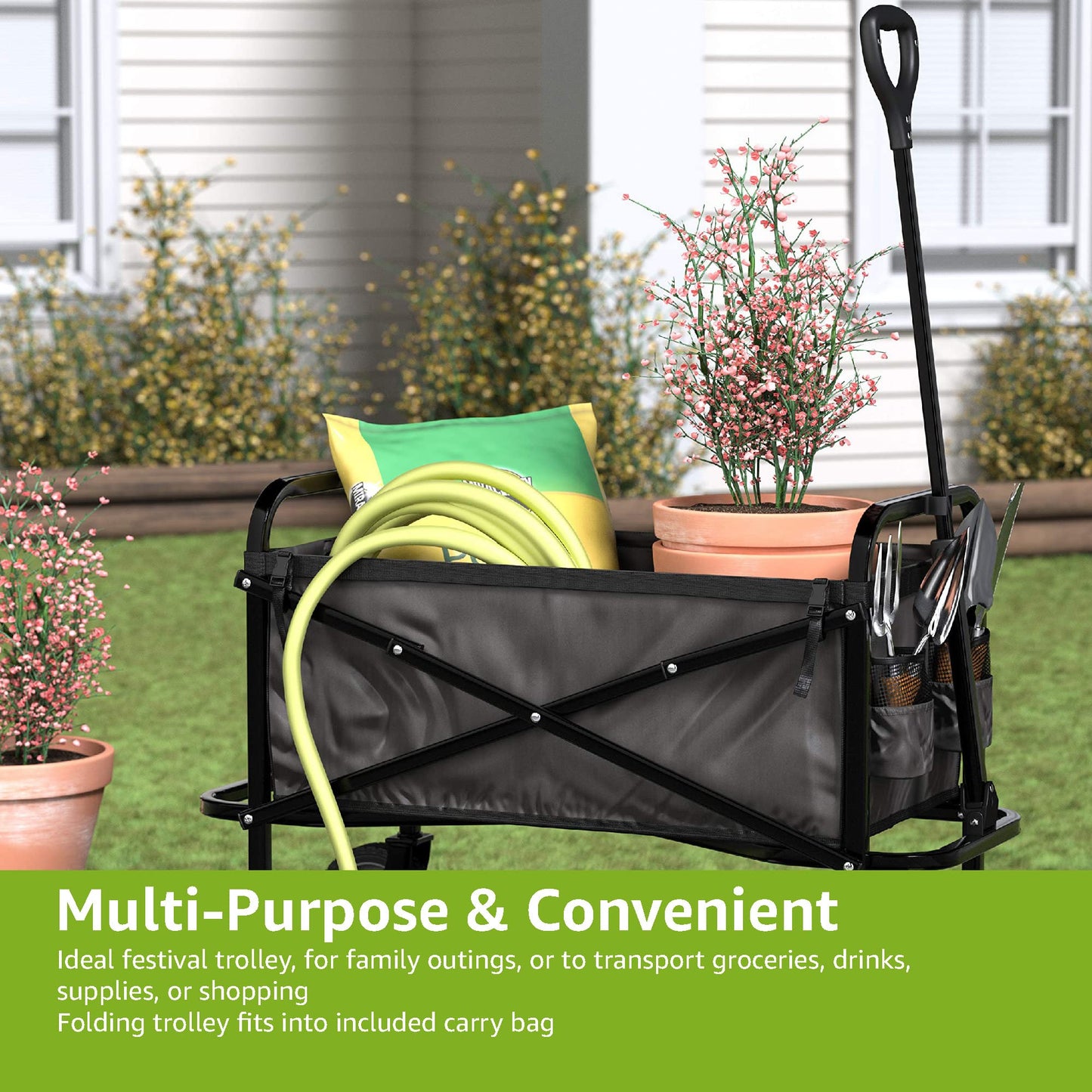 Amazon Basics Collapsible, Height Adjustable & Foldable Outdoor Garden Utility Wagon / Trolley with Cover Bag, Black