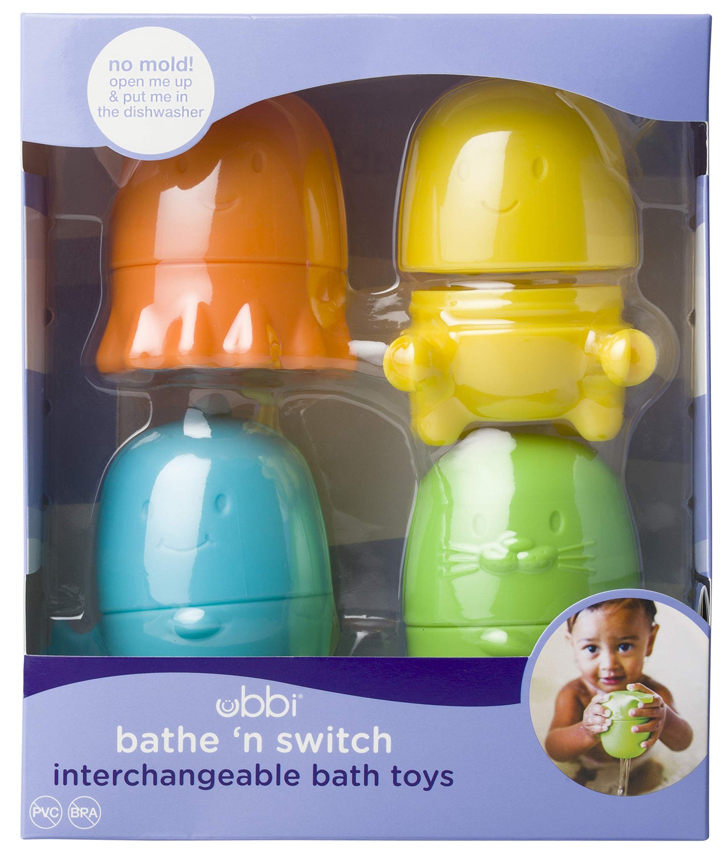 Ubbi Interchangeable Bath Toys for Toddlers and Baby, Colorful Mix and Match Baby Bath Accessory, Water Toys for Toddler Bath Time Play, Set of 4 Interchangable, Classic