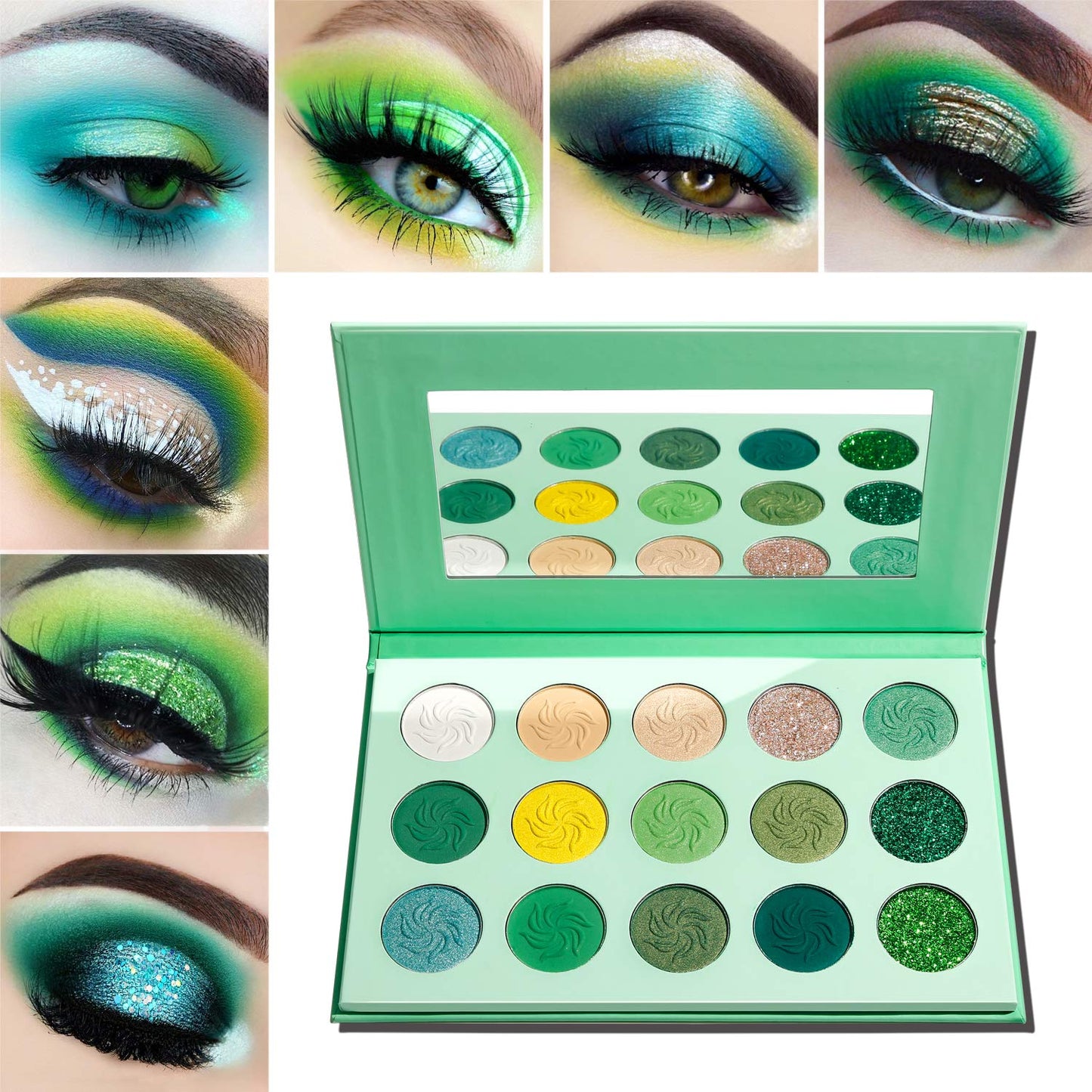 Afflano Green Eyeshadow Palette, Green Glitter Eyeshadow Highly Pigmented, Forest Emerald Green Christmas Makeup Palettes, Yellow Lime Grass Grinch Green Makeup Eye Shadow Pallet 15 Color lemon tree