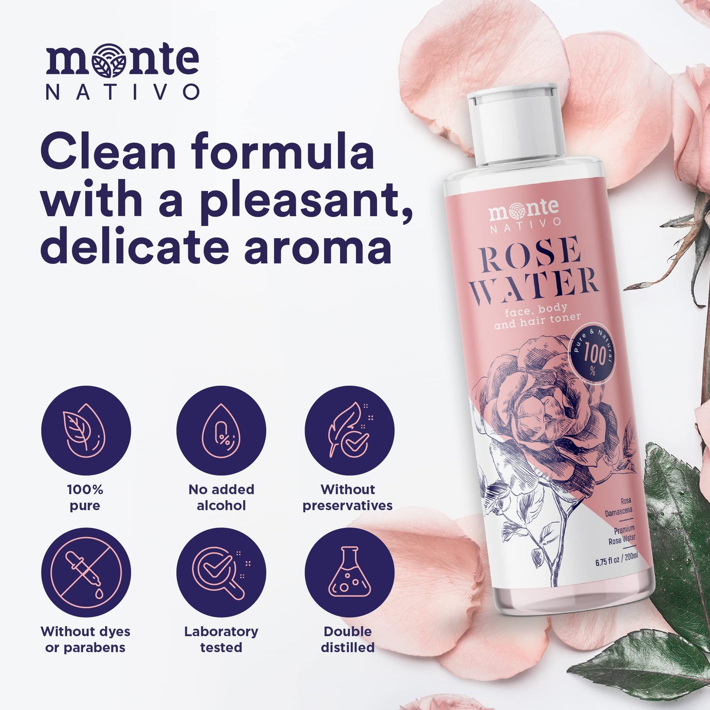 100% Pure Rose Water MonteNativo 2 * 200ml - 100% Natural and Pure, Facial Skin Toner, Natural Rose Hydrolat, Tripple Purified, Floral Rose Water Rose water bundle 200 ml (Pack of 2)