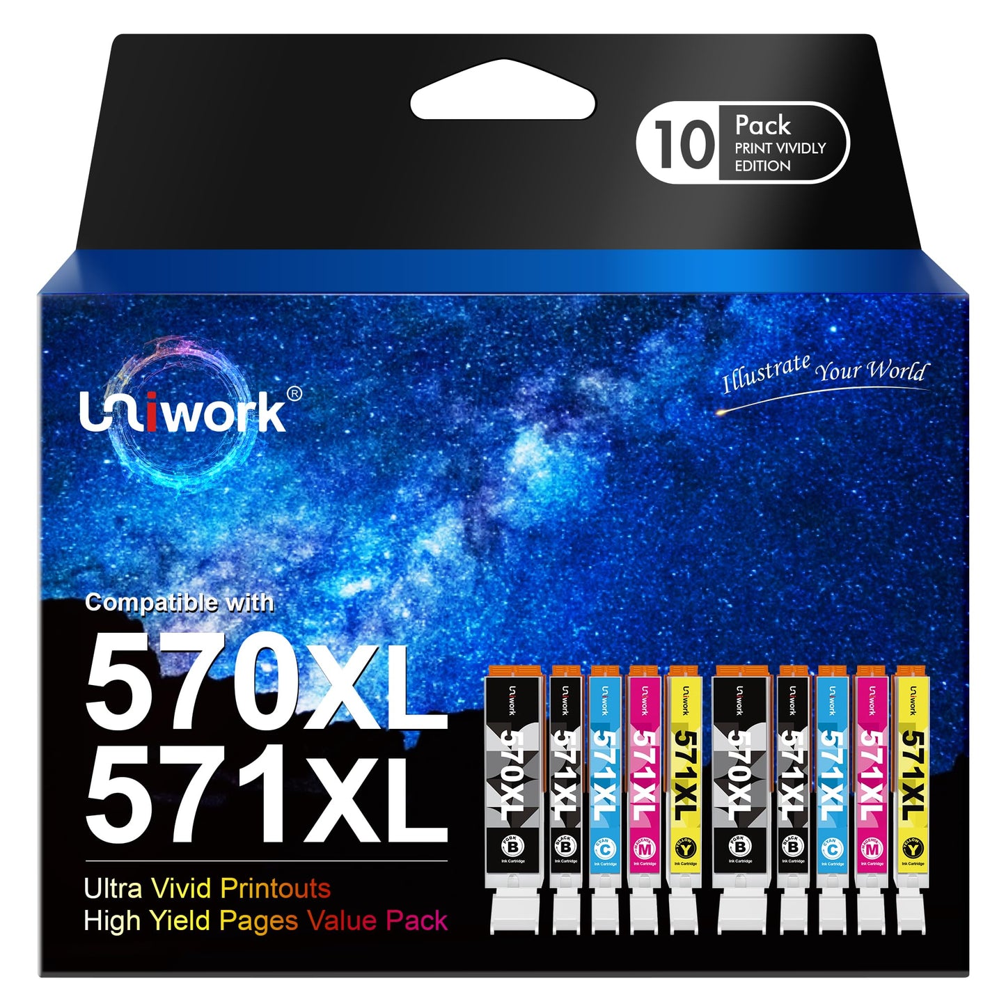 Uniwork Compatible Ink Cartridge Replacement for Canon PGI-570XL CLI-571XL Compatible with PIXMA TS5050 TS5051 TS5055 MG5750 MG5751 MG5753 TS6050 TS6051 MG6850 (PGBK Black Cyan Magenta Yellow,10-Pack) 570XL 10-Pack