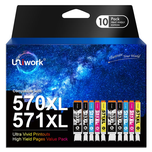 Uniwork Compatible Ink Cartridge Replacement for Canon PGI-570XL CLI-571XL Compatible with PIXMA TS5050 TS5051 TS5055 MG5750 MG5751 MG5753 TS6050 TS6051 MG6850 (PGBK Black Cyan Magenta Yellow,10-Pack) 570XL 10-Pack