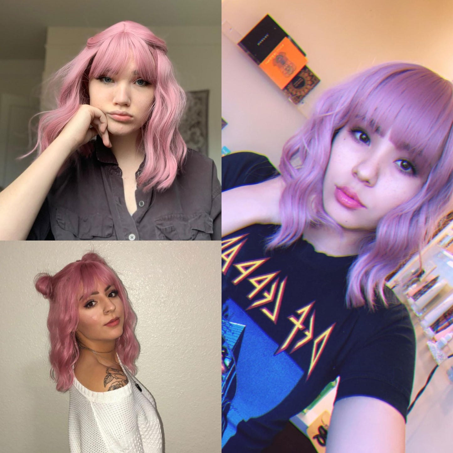 VCKOVCKO Pastel Wavy Wig With Air Bangs Women's Short Bob Purple Pink Wig Curly Wavy Shoulder Length Synthetic Cosplay Colorful Wigs for Girls (12",Purple Pink) A-Purple Pink