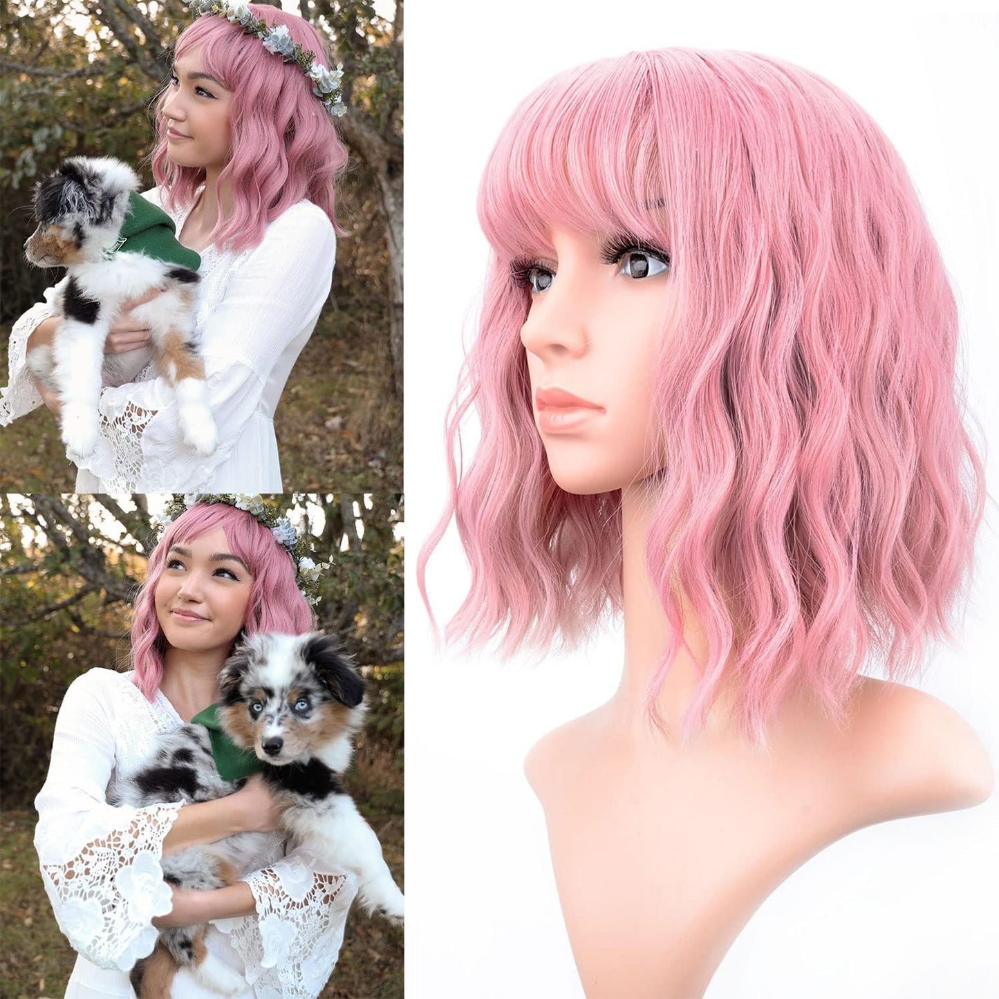 VCKOVCKO Pastel Wavy Wig With Air Bangs Women's Short Bob Purple Pink Wig Curly Wavy Shoulder Length Synthetic Cosplay Colorful Wigs for Girls (12",Purple Pink) A-Purple Pink