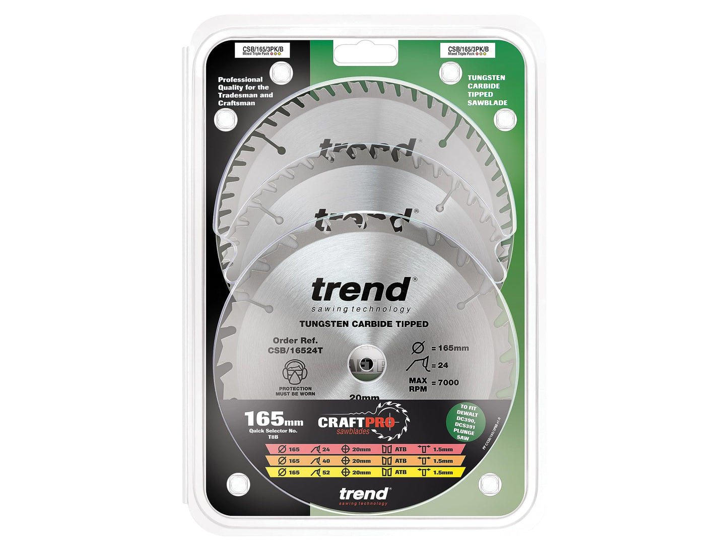 Trend Wood Cordless Circular Saw Blades, 165mm Diameter, 20mm Bore, 24/40 Teeth, 1.5mm Kerf, +15° Hook, TCT, Medium/Fine Finish, 3 Pack, CSB/165/3PK/C 165mm x 24 & 40 Teeth 165mm x 24 and 40 Teeth x 20 Bore