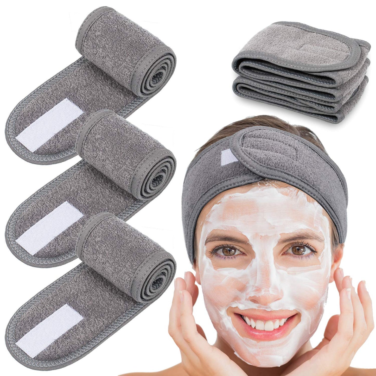 Whaline 4 Counts Spa Facial Headband Head Wrap Terry Cloth Headband Stretch Towel for Bath, Makeup and Sport (Gray) Gray