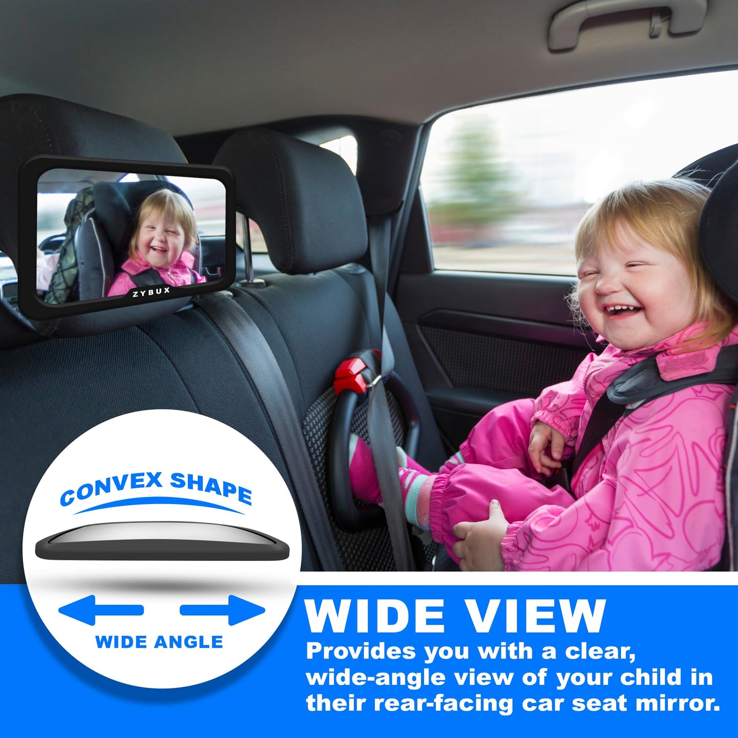 ZYBUX - Back Seat Baby Mirror Peace of Mind to Keep an Eye on Baby in a Rear Facing Child seat - Premium Black Frame - Safest Shatterproof