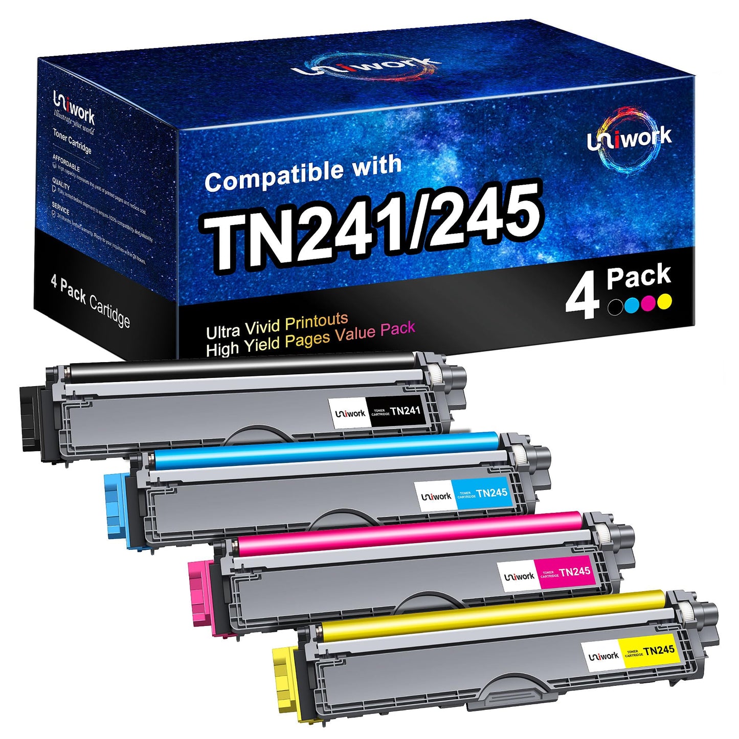 Uniwork Compatible Toner Cartridges for Brother TN-241/245 for Brother DCP-9020CDW DCP-9015CDW HL-3140CW HL-3150CDW HL-3170CDW MFC-9330CDW MFC-9140CDN MFC-9340CDW MFC-9130CW (Package may vary) TN241 4-Pack