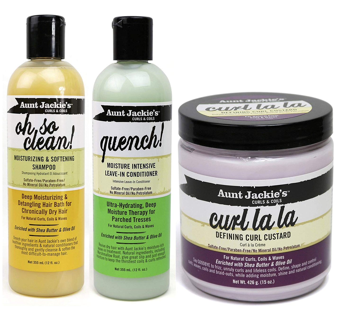 Aunt Jackies Curls & Coils TRIO BUNDLE |Oh So Clean Shampoo 355ml | Curl La La Defining Curl Custard 426 g | Quench Moisture Intensive Leave In Conditioner 355 ml