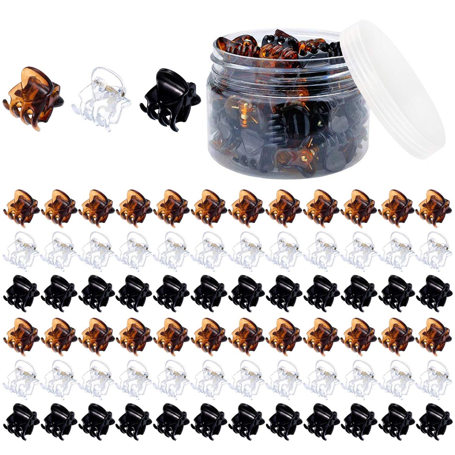 72 Pcs Small Hair Clips, Funtopia Mini Claw Clips Claw Hair Clips for Women and Girls, Plastic Tiny Hair Clamps with a Box (Black, Brown and Clear) Black, Brown and Clear