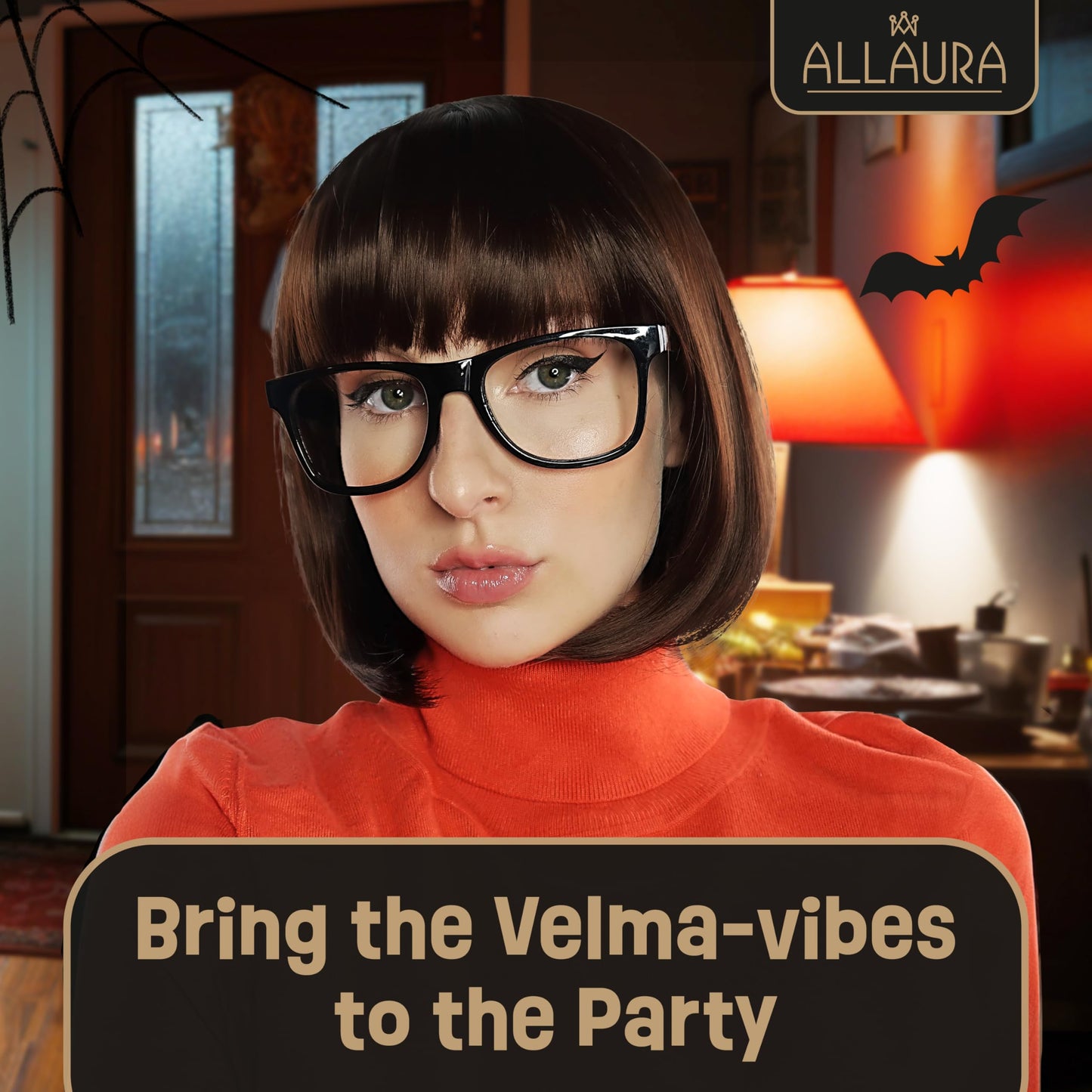 ALLAURA - Brown Bob Wig Velma Wig and Glasses - Sexy Velma Costume Adult Women Velma Cosplay Flapper Wig With Bangs Dora Wig Brown Bob + Black Glasses Velma Costume Set